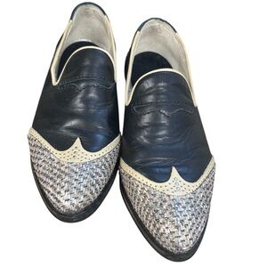 Vintage Two-Tone Leather & Woven Wingtip Loafers‎ Black Cream Silver Size 7 (38)